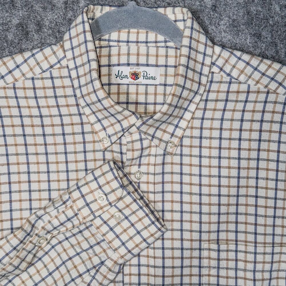 Alan Paine Mens L Cotton Cashmere Plaid Button Down Shirt Made in Portugal